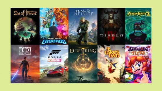 Xbox Series X vs S games selection - image shows a selection of games on the console, including Sea of Thieves, Halo Infinite, Minecraft Legends, Demon Turf, and many others.