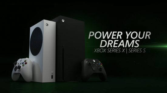Xbox Series X vs Series S: image shows the two consoles beside one another, next to the text "Power up your dreams, Xbox Series X|S"