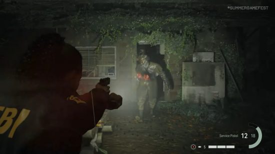 Alan Wake 2 gameplay: Saga Anderson aiming her sidearm at a figure wearing a deer mask.