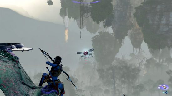 Avatar Frontiers of Pandora: The player aiming their bow at a drone while riding their banshee.