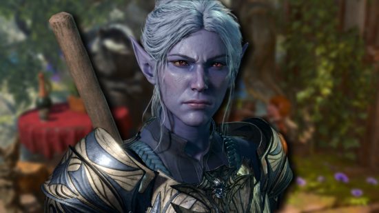 Baldur's Gate 3 classes: A female elf with a determined facial expression. A blurred image of BG3 gameplay is in the background.