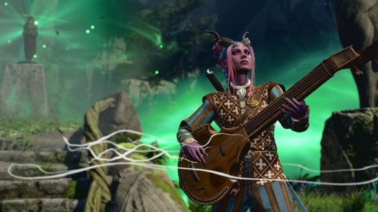 Baldur's Gate 3 classes: A Bard playing a song on a lute.
