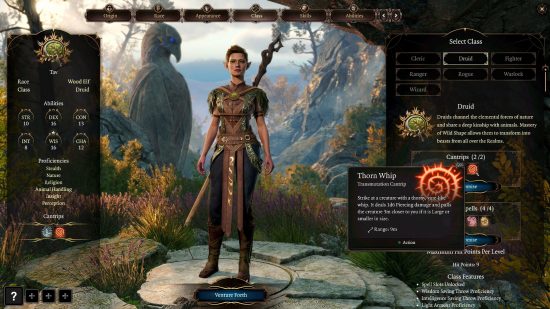 Baldur's Gate 3 classes: The Druid character creation screen showing a female elf.