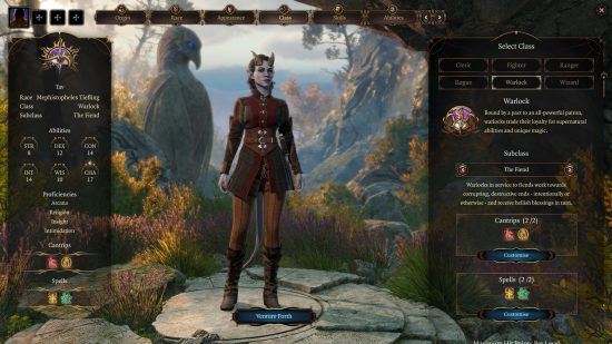 Baldur's Gate 3 classes: The Warlock character creation screen, showing a female Tiefling.
