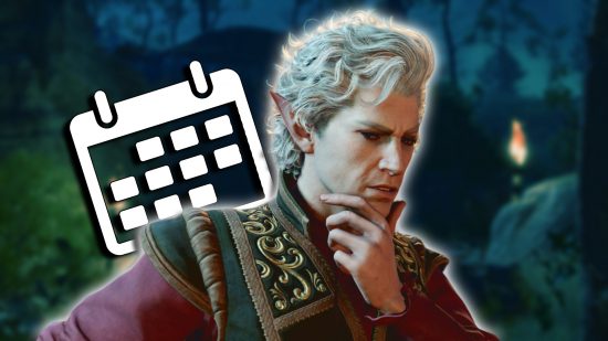 Baldur's Gate 3 PS5 release date: Astarion, a male elf, with his hand on his chin with a contemplative expression. A calendar icon is tucked behind his shoulder.