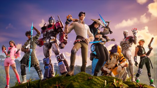Best competitive FPS games: Fortnite characters posing on a hill, including Optimus Prime.