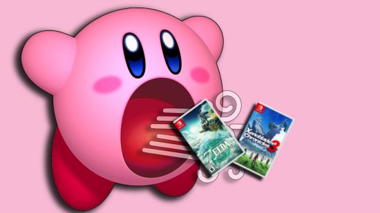 Best Nintendo Switch games: Kirby sucking in game cases for Tears of the Kingdom and Xenoblade Chronicles 3.