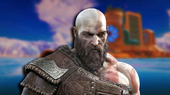 Best PS5 games: Kratos from God of War with a stern expression, set against a blurred background of Astro's Playroom.