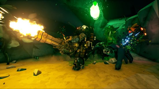 PS5 multiplayer games: Dwarves firing their weapons in a cave in Deep Rock Galactic.