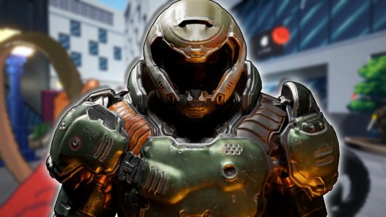 Best Switch FPS games: The Doomslayer from Doom, set against a blurred background of Fashion Police Squad gameplay.