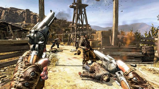 Best Switch FPS games: The player holding two revolvers in Call of Juarez Gunslinger.