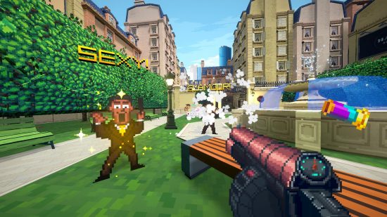 Best Switch FPS games: A screenshot of Fashion Police Squad with the player aiming at enemies.