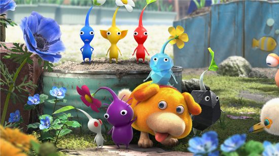 Best Switch games: Pikmin 4 promotional art depicting Oatchi the dog and several Pikmin creatures in a garden.