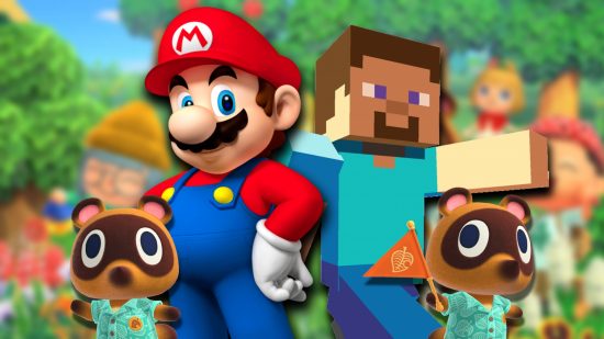 Best Switch games for kids: Mario and Steve (Minecraft) in the centre, with Timmy and Tommy (Animal Crossing) on either side of the image, set against a blurred background of Animal Crossing.