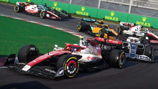 Best Xbox racing games: F1 23 cars racing around a bend.