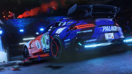 Best Xbox racing games: A blue car at night in Need for Speed Unbound.