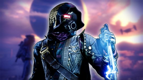 Destiny 2 Hunter build: A Hunter wearing armor and holding an electrified knife against a blurred background of the Tower.