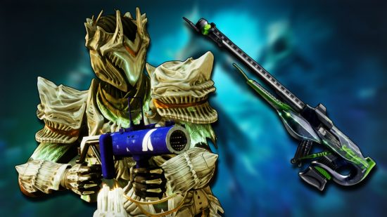Destiny 2 Wicked Implement: A Titan wearing bone armor and holding a grenade launcher. The Wicked Implement is to the right of them.