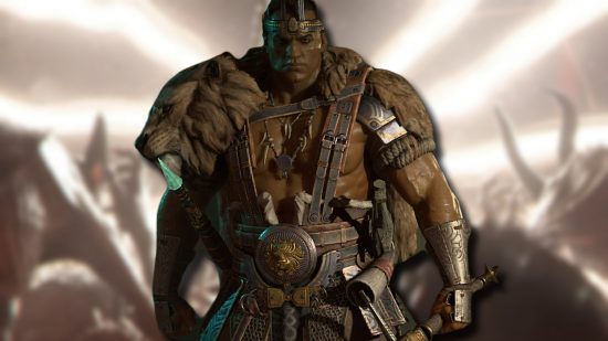 Diablo 4 Acts: A male Barbarian wearing animal fur armor against a blurred background of Inarius.
