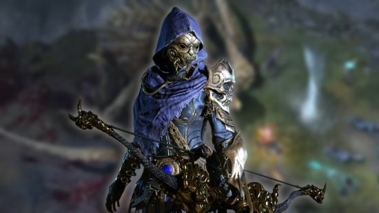 Diablo 4 armor sets: A male Rogue wearing blue cloth and gold metal armor. A world boss is blurred in the background.