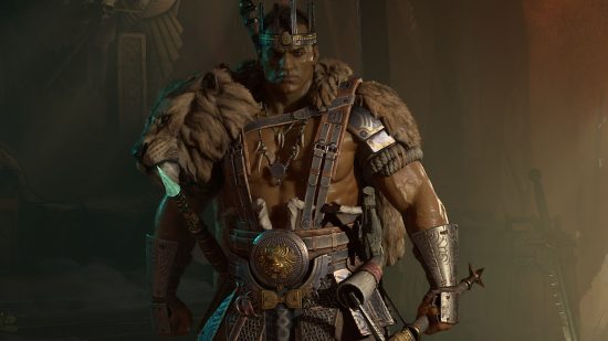 Diablo 4 Unique items: A male Barbarian wearing animal fur clothing.