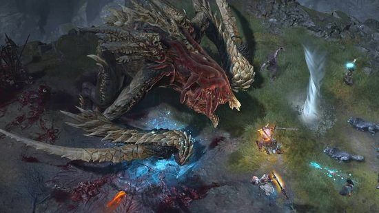 Diablo 4 endgame: A group of players fighting Ashava the Pestilent.