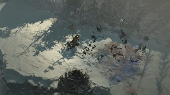 Diablo 4 error codes: A Barbarian attacking a group of skeletons in a snowy environment.