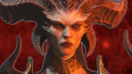 Diablo 4 Helltide: Lilith staring ominously. A blurred background of Helltide gameplay is in the background.