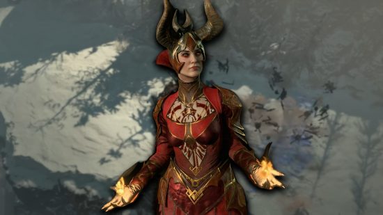 Diablo 4 length: A female Sorcerer wearing red armor with horns against a blurred background of a frosty environment.