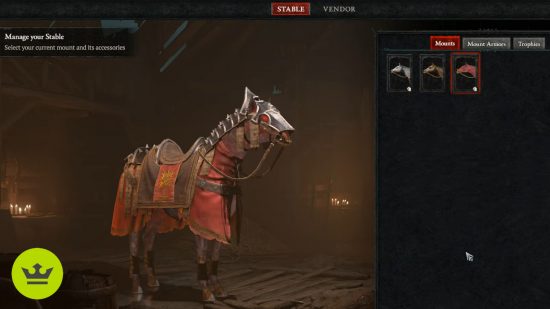 Diablo 4 mount customization: The mount customization screen in the stable.