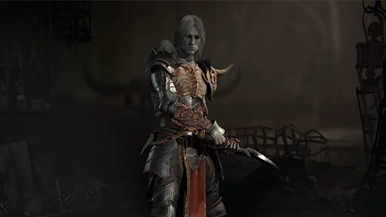 Diablo 4 Unique items: A male Necromancer holding a scythe by their side.