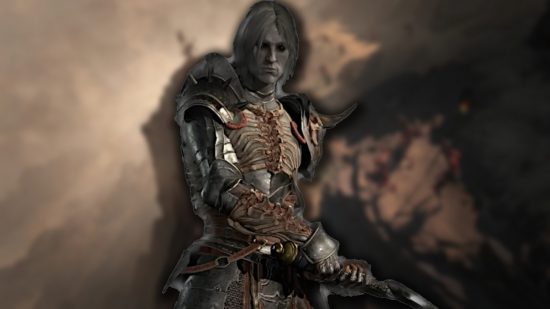 Diablo 4 Overpower: A male Necromancer wearing metal armor and holding a scythe. A desert environment can be seen in the background.