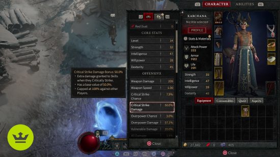 Diablo 4 Overpower damage: The stats screen in the inventory menu, displaying the tool tip for Overpower chance.