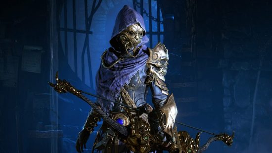 Diablo 4 Unique items: A Rogue wearing blue and bronze armor, holding a bow.