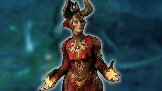 Diablo 4 tier list: A Sorceress wearing red armor with horns, set against a blurred blue background of gameplay.
