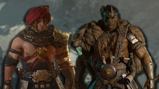 Diablo 4 transmog: Two male Barbarians wearing different armor styles. A frosty environment can be seen in the background.