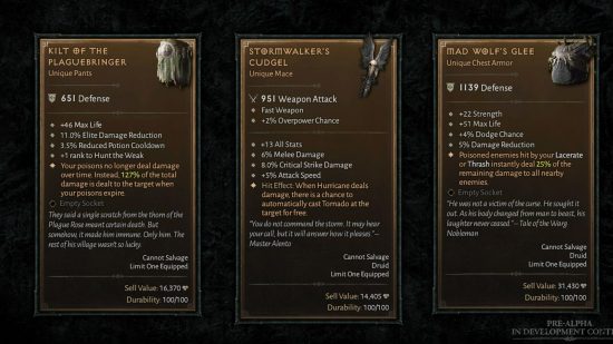 Diablo 4 Unique items: An official image showcasing the tool tips of three Uniques you can acquire in the game.