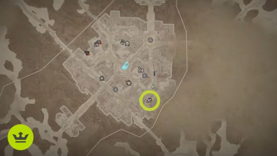 Diablo 4 Whispering Keys: A map showing the location of the Purveyor of Curiosities in Kyovashad to get Whispering Keys.
