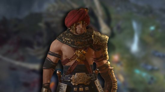 Diablo 4 Whispering Keys: A male Barbarian standing against a blurred background of a world boss.