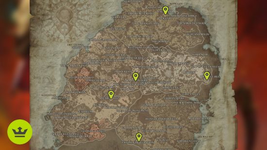 Diablo 4 world boss locations map: A map showing the world boss spawn locations, with each spawn marked by a green pin.