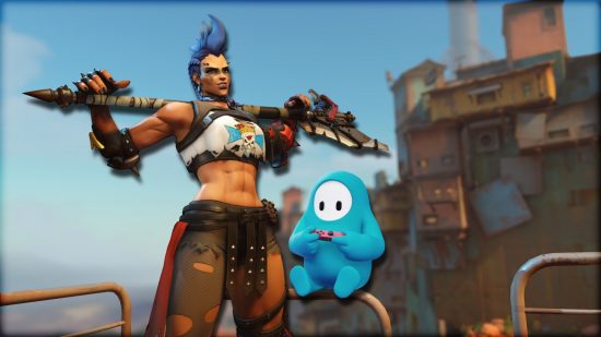 Free PS5 games: Junker Queen from Overwatch 2 standing with her weapon over her shoulders, while a Fall Guys jellybean plays with a remote.