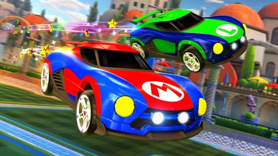 Free Switch games: Rocket League cars representing Mario and Luigi.