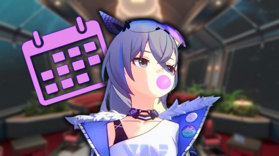 Honkai Star Rail next banner: Silver Wolf blowing pink bubble gum. A calendar icon can be seen behind her, along with a blurred image on the Astral Express cabin.