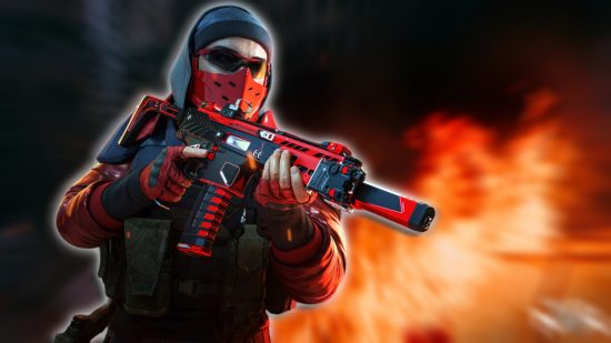 MW2 Season 4 Reloaded release date: A soldier wearing black and red clothing, holding a weapon, set against a blurred background with fire.