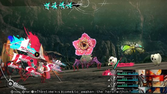 Metaphor ReFantazio gameplay: The combat interface, displaying characters fighting a plant-like creature.