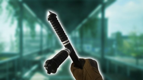 How to unlock the Tonfa in Modern Warfare 2: A player holding the Tonfa in a city environment with a teal hue.