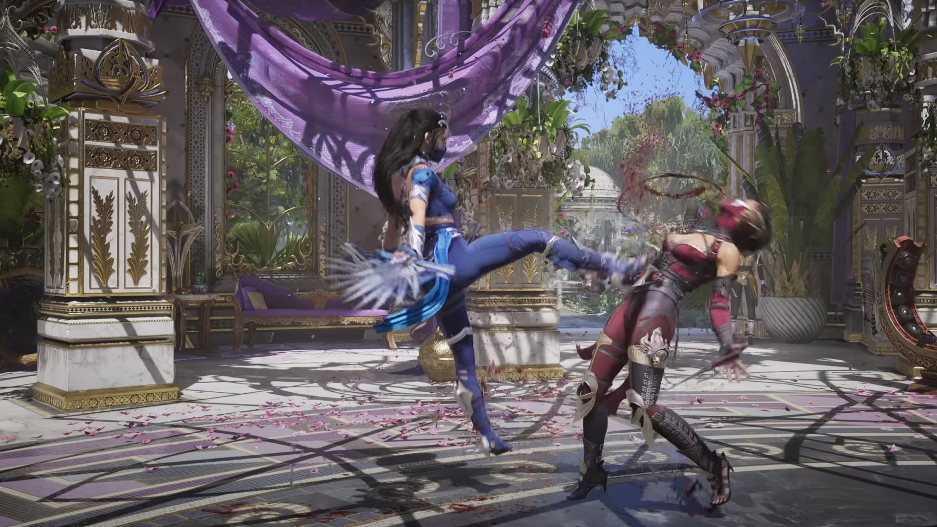 Mortal Kombat 1 characters: Kitana kicking an enemy.