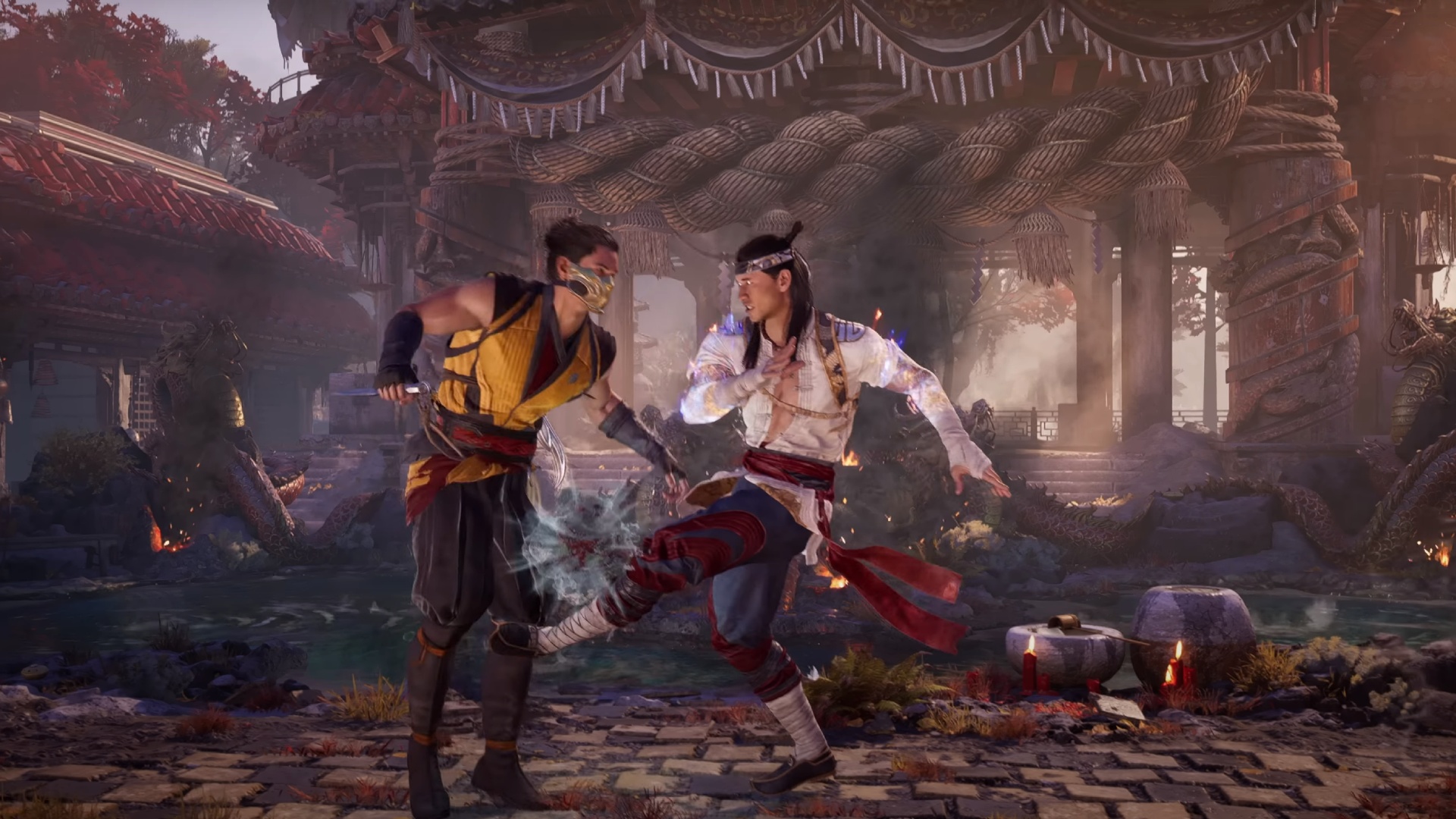 Mortal Kombat 1 characters: Liu Kang kicking Scorpion.