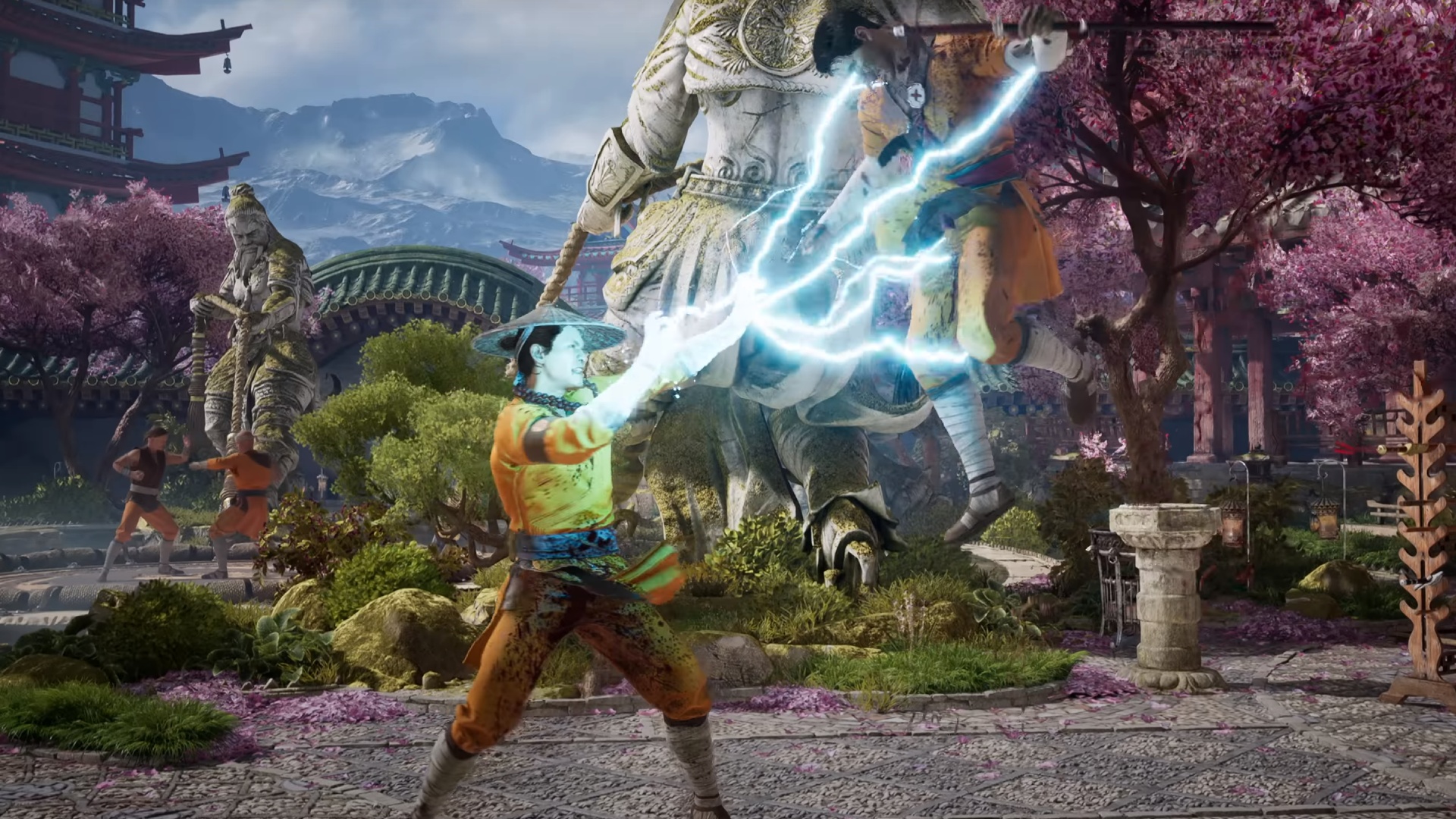 Mortal Kombat 1 characters: Raiden electrocuting an enemy, holding them in the air.