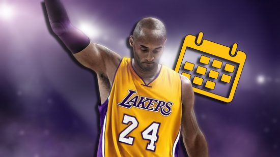 NBA 2K24 release date: Kobe Byrant looking down with his right arm raised. A calendar icon is tucked behind his other shoulder.